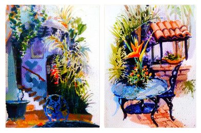 Two Caribbean watercolor paintings by Jan D'Esopo - courtyards bright with plants, pottery, and tropical light.